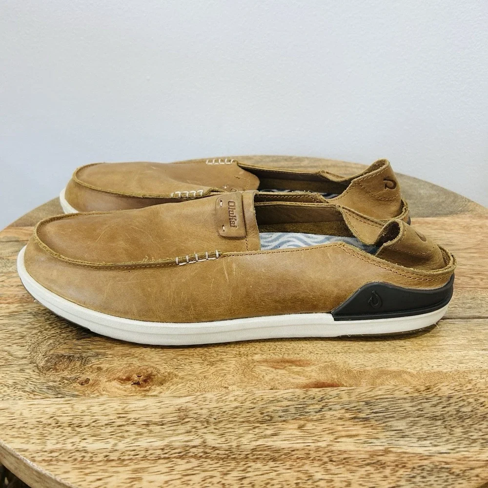 OluKai Kakaha Men's 13 Brown Leather Slip On Loafers Casual Comfort Boat Shoes